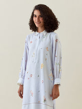 Lavender botanical print  cotton linen kurta with scalloped net collar