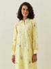 Yellow  botanical print cotton linen  kurta with scalloped net collar