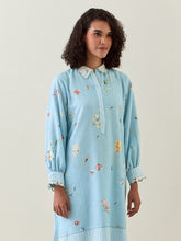 Blue botanical print  cotton linen kurta with scalloped net collar