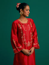 Red embroidered yoke kurta