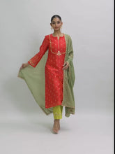 Red zari motifs yoke kurta set with dupatta