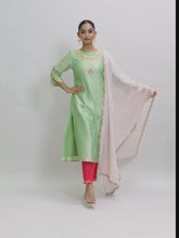 Green floral round neck kurta set with dupatta