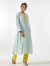 Mint hand embroidered Silk chanderi kurta with gathers