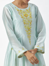 Mint hand embroidered Silk chanderi kurta with gathers