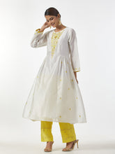 Off White hand embroidered Silk chanderi kurta with gathers
