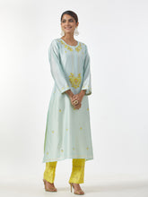 Mint hand embroidered Silk chanderi kurta with plackett