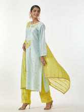 Mint hand embroidered Silk chanderi kurta with plackett