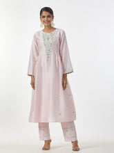 Pink hand embroidered Silk chanderi kurta with gathers