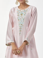 Pink hand embroidered Silk chanderi kurta with gathers