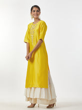 Yellow hand embroidered Silk chanderi kurta