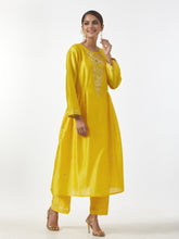 Yellow hand embroidered Silk chanderi kurta with gathers