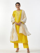 Yellow hand embroidered Silk chanderi kurta with gathers