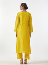 Yellow hand embroidered Silk chanderi kurta with plackett