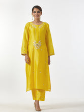 Yellow hand embroidered Silk chanderi kurta with plackett