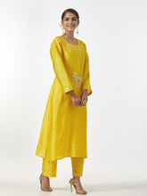 Yellow hand embroidered Silk chanderi kurta with plackett