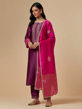 Fuchsia hand embroidered silk chanderi dupatta