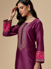 Wine silk chanderi a-line hand embroidered kurta