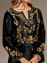 Black velvet kurta with hand embroidery