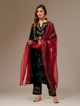 Deep Red hand embroidered organza dupatta