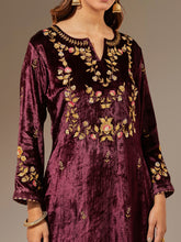 Wine velvet kurta with hand embroidery