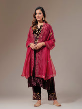 Wine velvet kurta with hand embroidery