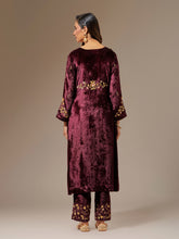 Wine velvet kurta with hand embroidery