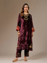 Wine velvet  hand embroidered contrast sleeve kurta