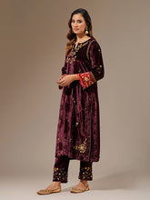 Wine velvet  hand embroidered contrast sleeve kurta