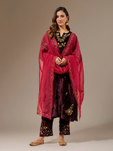 Wine velvet  hand embroidered contrast sleeve kurta