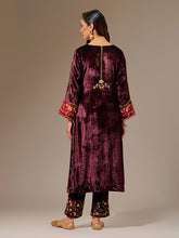 Wine velvet  hand embroidered contrast sleeve kurta