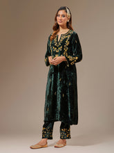 Green velvet kurta with hand embroidery