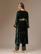 Green velvet kurta with hand embroidery