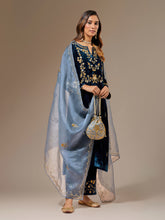 Grey hand embroidered organza dupatta