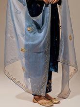 Grey hand embroidered organza dupatta