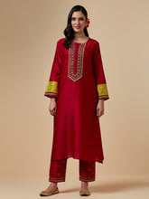 Red silk chanderi a-line hand embroidered kurta