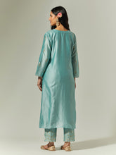 Blue Silk Chanderi hand embroidered kurta with plackett
