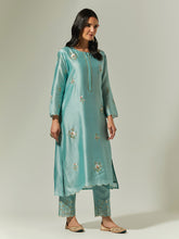 Blue Silk Chanderi hand embroidered kurta with plackett
