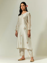 Off White Silk Chanderi hand embroidered kurta with plackett