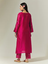 Fuchsia Silk Chanderi hand embroidered kurta with plackett
