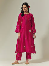Fuchsia Silk Chanderi palazzo with embroidered hem