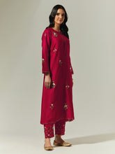 Red Silk Chanderi hand embroidered kurta with plackett