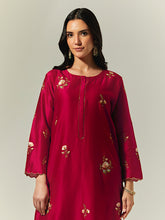 Red Silk Chanderi hand embroidered kurta with plackett