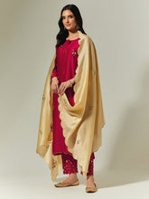Beige Silk Chanderi hand embroidered dupatta