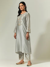 Grey Silk Chanderi hand embroidered kurta