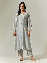 Grey Silk Chanderi hand embroidered kurta with plackett