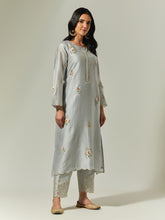 Grey Silk Chanderi hand embroidered kurta with plackett