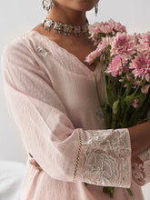 Pastel pink dobby kurta with all over embroidery