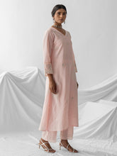 Pastel pink dobby kurta with all over embroidery