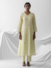 Pastel yellow dobby kurta with all over embroidery