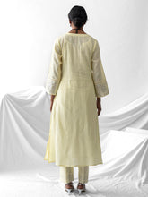 Pastel yellow dobby kurta with all over embroidery
